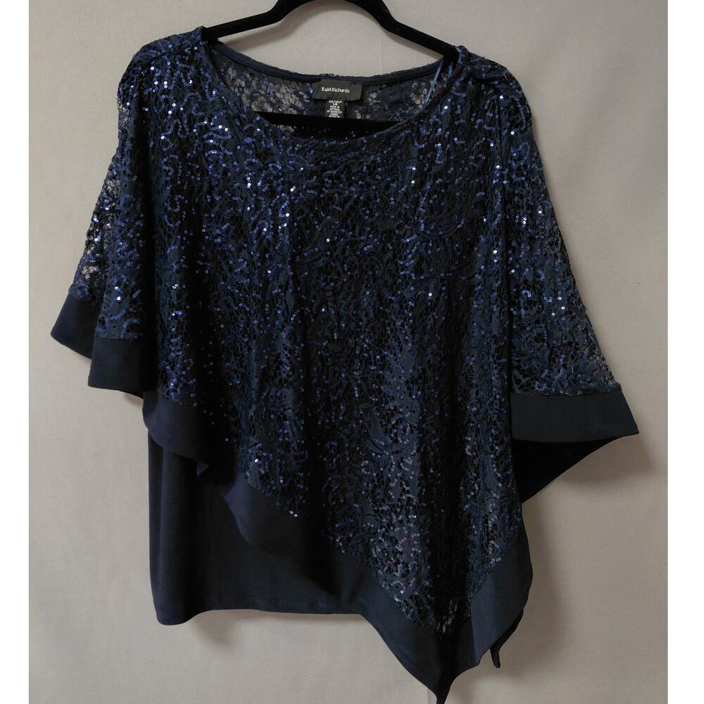 R&M Richards Blue Sequin Lace Poncho Overlay Asymmetric Top Women Size 14